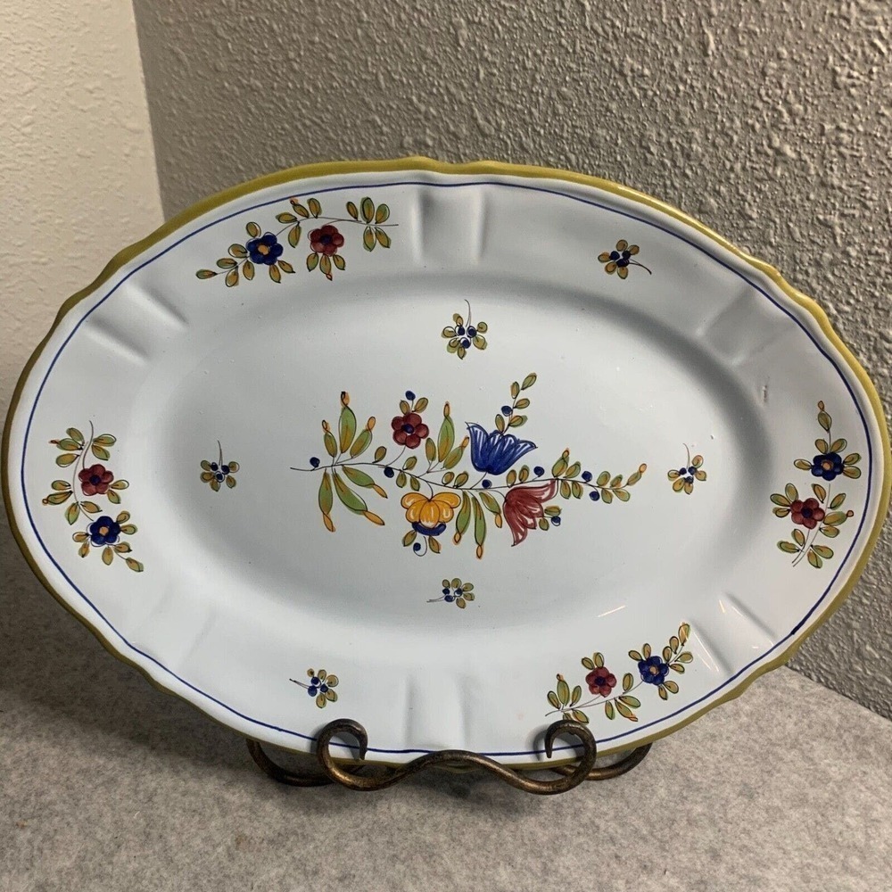 PV Vintage Italy Handpainted BLUE FLORAL 15" Oval Platter